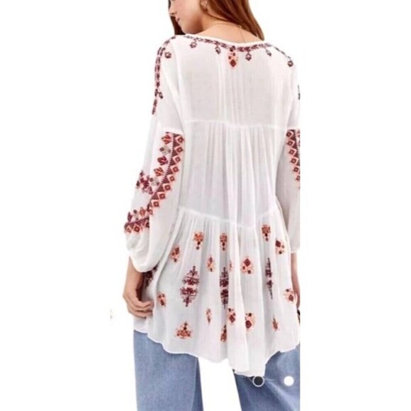 Free People Womens Tunic Size M White V-Neck Button Up Long Sleeve Embroidered - Picture 4 of 10